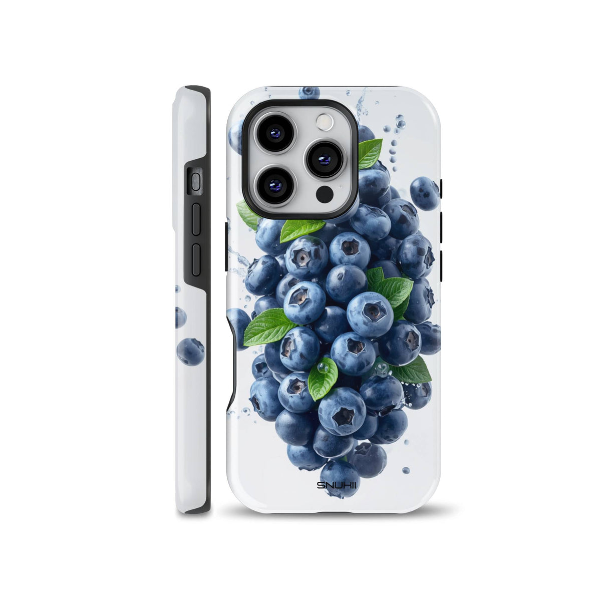 White phone case featuring a realistic high-definition graphic of fresh blueberries with green leaves and water droplets, displayed from front and side angles, compatible with iPhone, Samsung, and Pixel models.