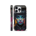 Graffiti street art phone case featuring a stylized portrait of a woman with bright neon paint details on a brick wall background, shown from front and side profiles, compatible with iPhone, Samsung, and Pixel devices.