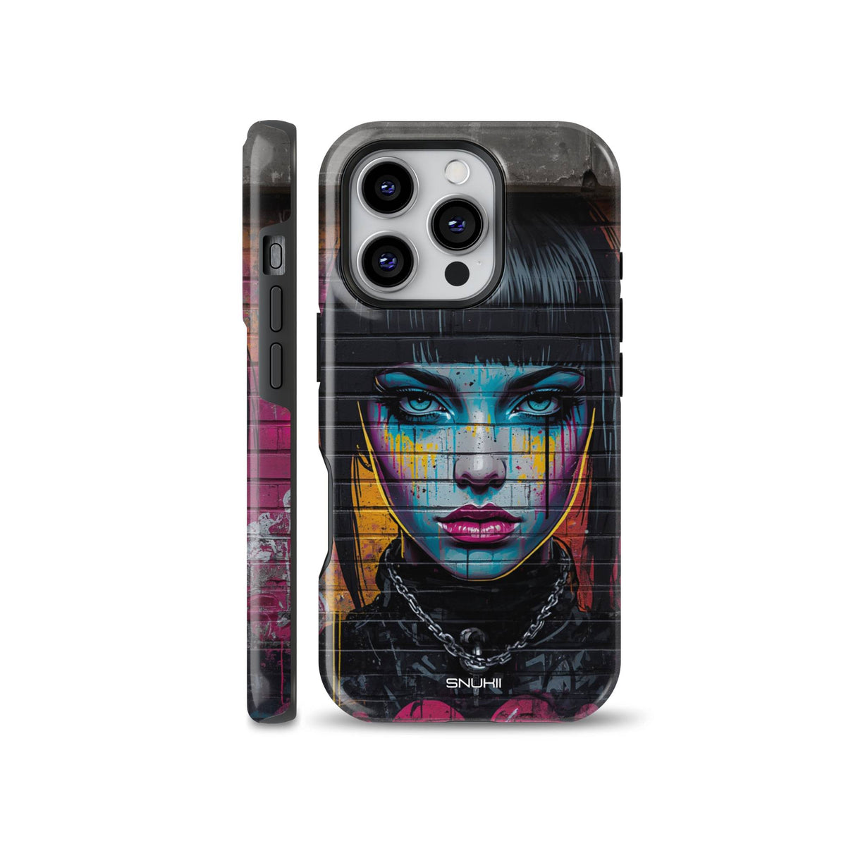 Graffiti street art phone case featuring a stylized portrait of a woman with bright neon paint details on a brick wall background, shown from front and side profiles, compatible with iPhone, Samsung, and Pixel devices.
