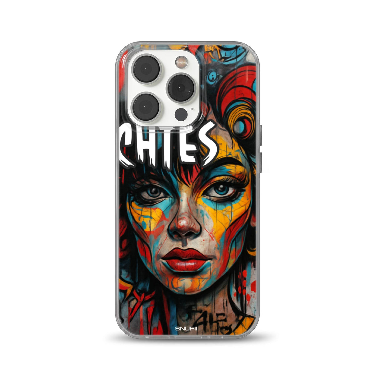 Clear phone case featuring a bold colorful pop art and street graffiti portrait with vivid blue eyes, red lips, and dramatic urban artwork.