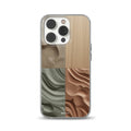 Phone case design featuring a four-panel collage of natural textures including carved sand, light wood grain, sage green clay, and terracotta waves for iPhone, Samsung, and Pixel models.
