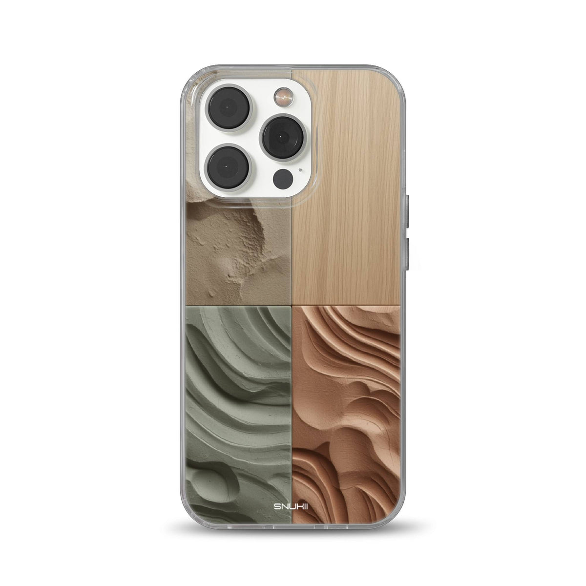 Phone case design featuring a four-panel collage of natural textures including carved sand, light wood grain, sage green clay, and terracotta waves for iPhone, Samsung, and Pixel models.