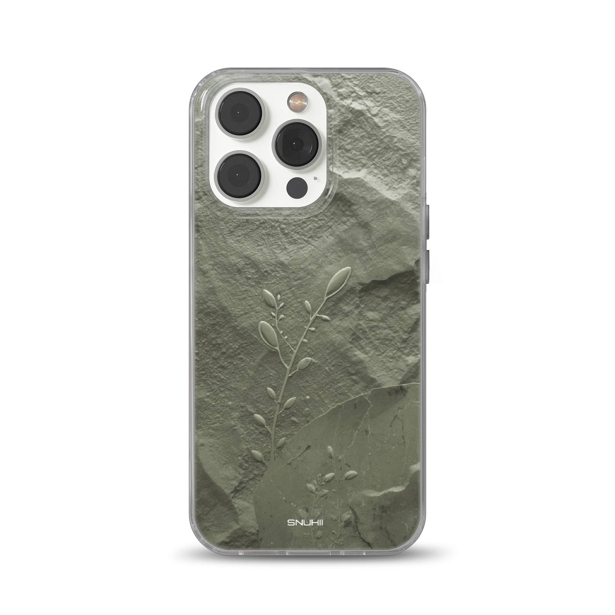 Clear phone case featuring a realistic sage green stone texture print with a delicate embossed botanical plant branch design for iPhone, Samsung, and Pixel.