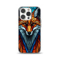 A close-up photograph of a phone case featuring a vibrant, artistic stained glass style fox portrait. The geometric design uses bold orange, turquoise blue, and white segments separated by dark lines, mimicking a mosaic. Compatible with iPhone, Samsung, and Pixel models. The watermarked logo "SNUHII" is visible at the very bottom center.