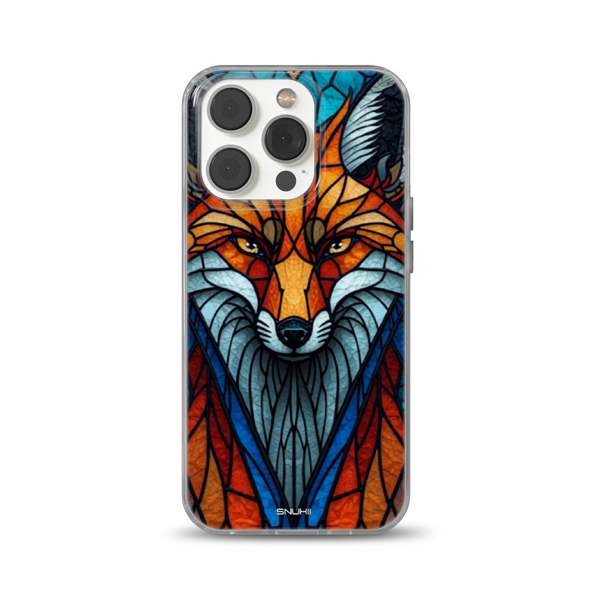 A close-up photograph of a phone case featuring a vibrant, artistic stained glass style fox portrait. The geometric design uses bold orange, turquoise blue, and white segments separated by dark lines, mimicking a mosaic. Compatible with iPhone, Samsung, and Pixel models. The watermarked logo "SNUHII" is visible at the very bottom center.