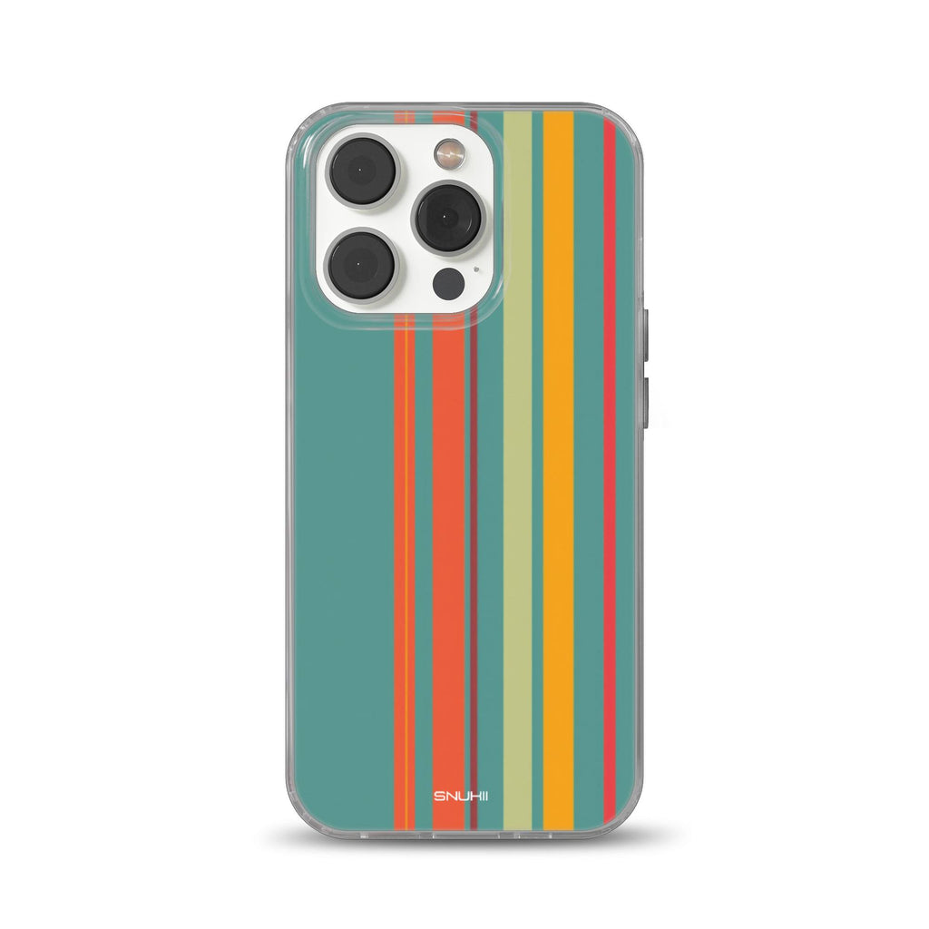 Clear phone case featuring a retro mid-century modern vertical stripe pattern in orange, mustard yellow, red, and sage green over a teal background, compatible with iPhone, Samsung, and Pixel models with SNUHII logo at the bottom.