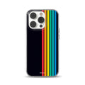 Clear phone case featuring vertical retro rainbow stripes in red, orange, yellow, green, and blue on a black background, compatible with iPhone, Samsung, and Pixel devices.