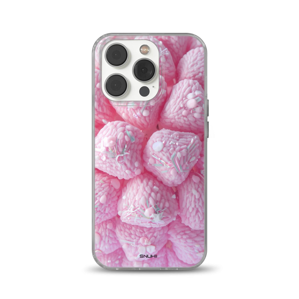 Clear phone case with a pink textured strawberry candy design decorated with sweet sprinkles, compatible with iPhone, Samsung, and Pixel devices.
