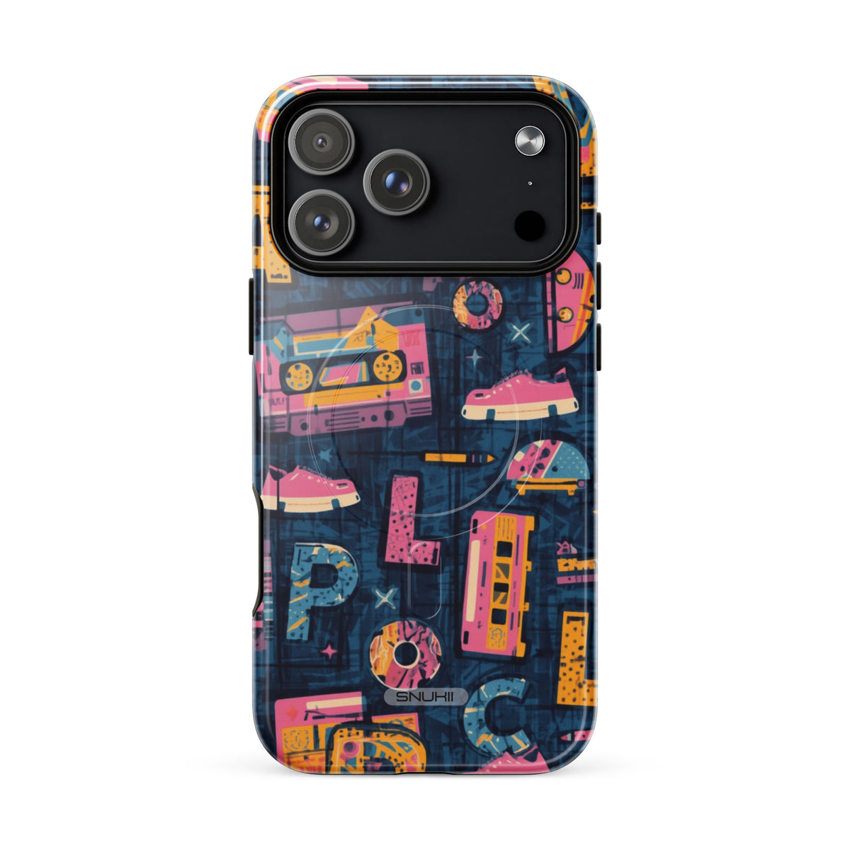 Retro 90s Y2K doodle style phone case featuring colorful cassette tapes, sneakers, and donuts on dark navy background for iPhone